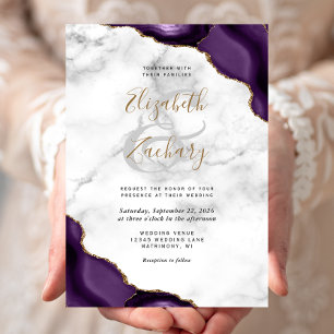 Invitation Mariage en marbre aux coins d'agate Gold Purple