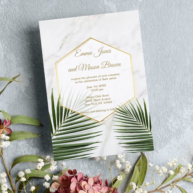 Invitation Mariage en marbre blanc tropical vert palmier (Tropical green palm tree white marble Wedding)