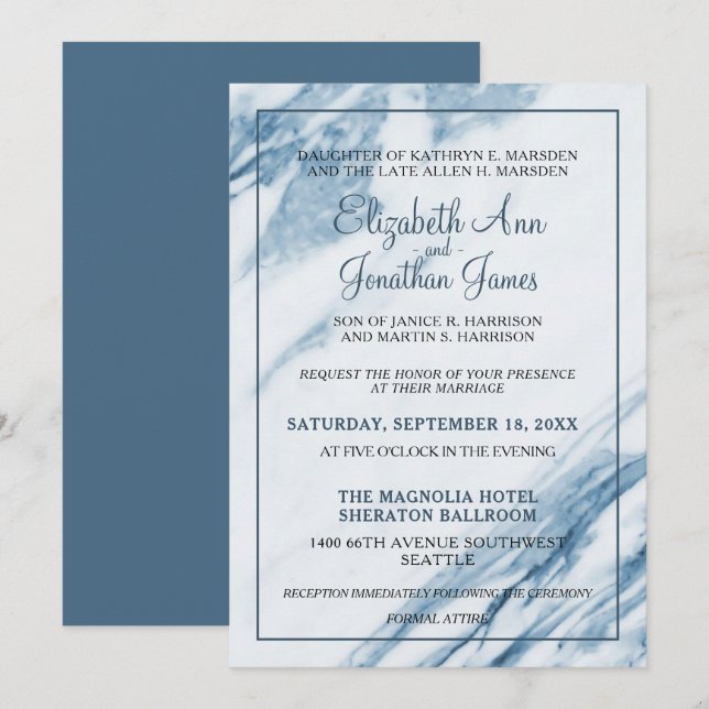 Invitation Mariage en marbre bleu clair et élégant (Devant / Derrière)