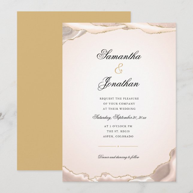 Invitation Mariage en marbre d'agate à paillettes d'or rose (Devant / Derrière)