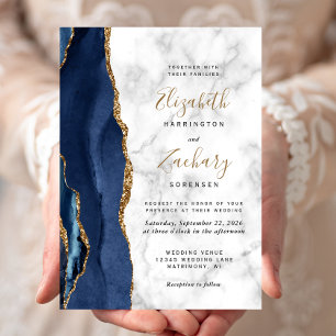 Invitation Mariage en marbre d'Agate bleu marine moderne