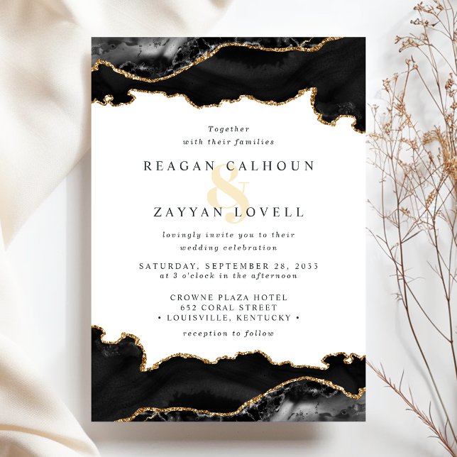 Invitation Mariage en marbre d'agate noir et or (Créateur téléchargé)