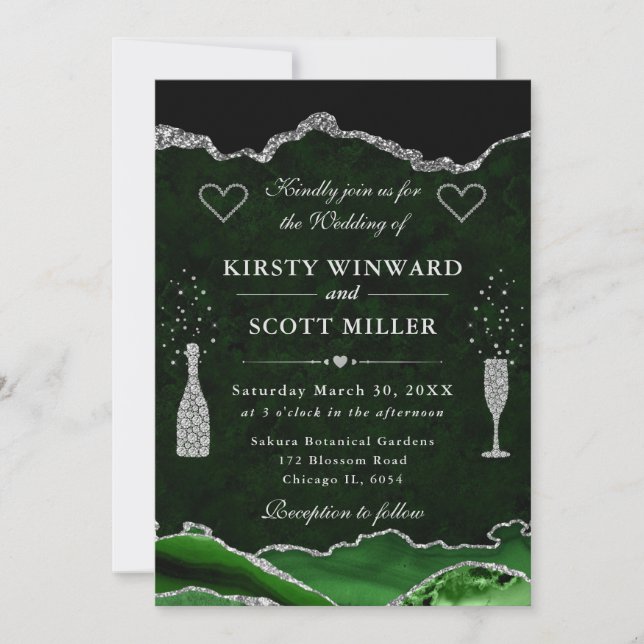 Invitation Mariage en marbre d'agate vert et paillettes d'arg (Devant)