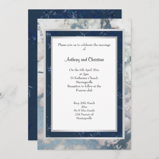 INVITATION MARIAGE EN MARBRE D'ARGENT BLEU LAYE NAVY (Devant / Derrière)