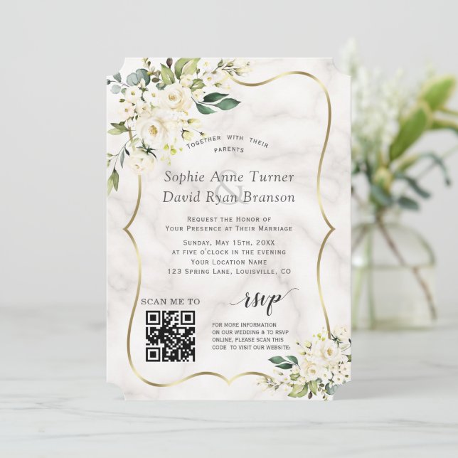 Invitation Mariage en marbre doré QR Elegant Fleurs blanches (Debout devant)