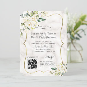 Invitation Mariage en marbre doré QR Elegant Fleurs blanches