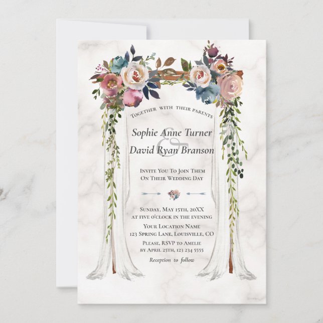 Invitation Mariage en marbre Dusty Blue Misty Flowers (Devant)