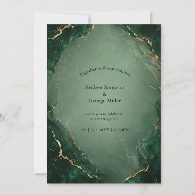 Invitation Mariage en marbre émeraude de luxe avec de l'or (Devant)