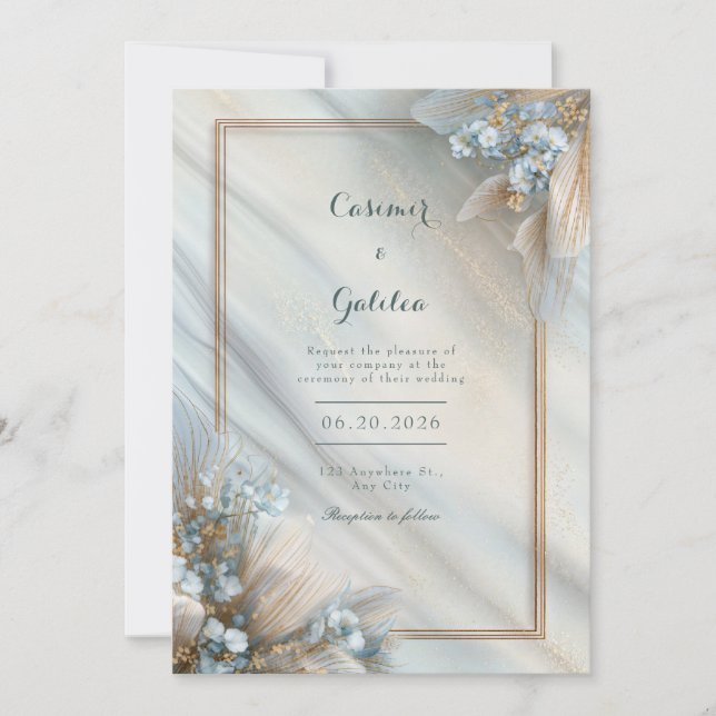 Invitation Mariage en marbre fluide crème floral bleu doré (Devant)