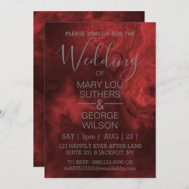 Invitation Mariage en marbre fumé rouge foncé (Devant / Derrière)