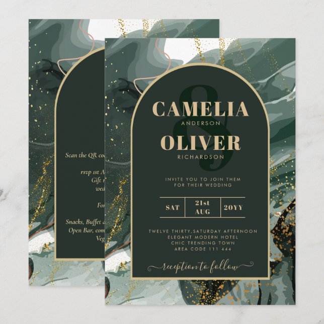 Invitation Mariage en marbre moderne Emerald Green Gold Agate (Devant / Derrière)