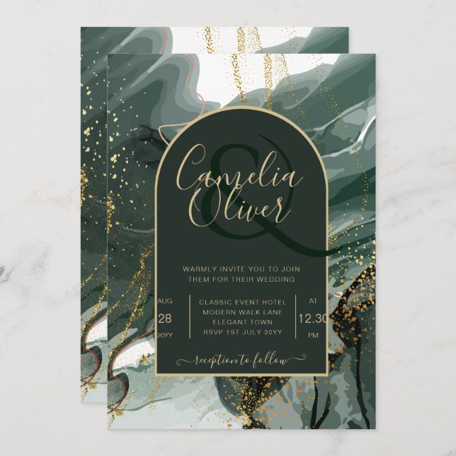 Invitation Mariage en marbre moderne Emerald Green Gold Agate (Devant / Derrière)
