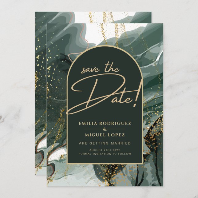 Invitation Mariage en marbre moderne Emerald Green Gold Agate (Devant / Derrière)