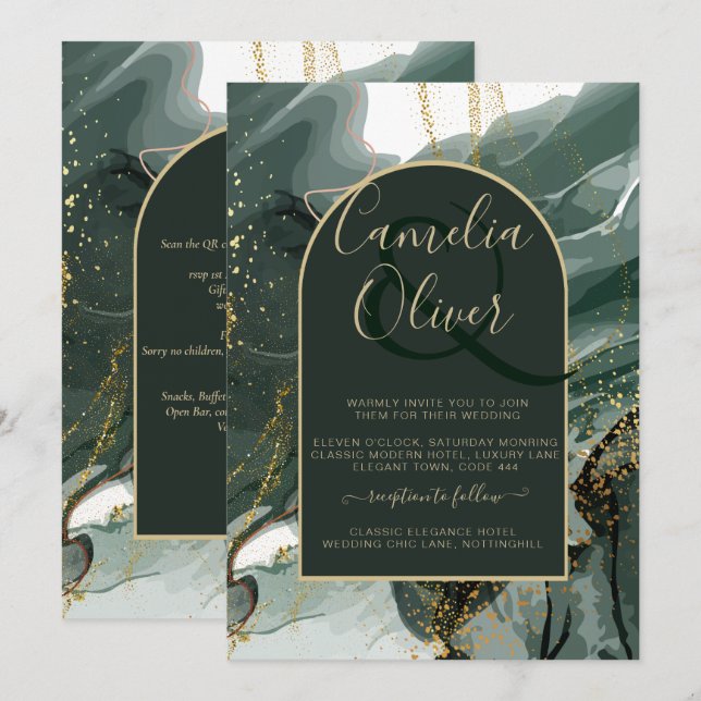 Invitation Mariage en marbre moderne Emerald Green Gold Agate (Devant / Derrière)