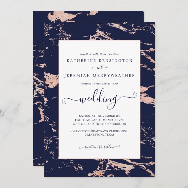Invitation Mariage en marbre or Rose bleu Chic Navy (Devant / Derrière)