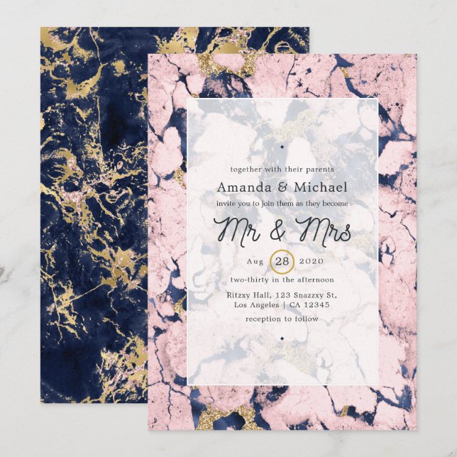 Invitation Mariage en marbre rose et marine (Devant / Derrière)