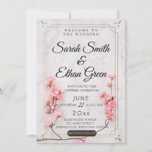 Invitation Mariage en marbre rose fleuri Sakura Cherry Blosso