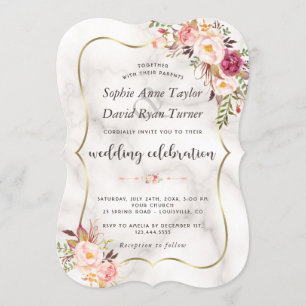 Invitation Mariage en marbre rose floral luxueux
