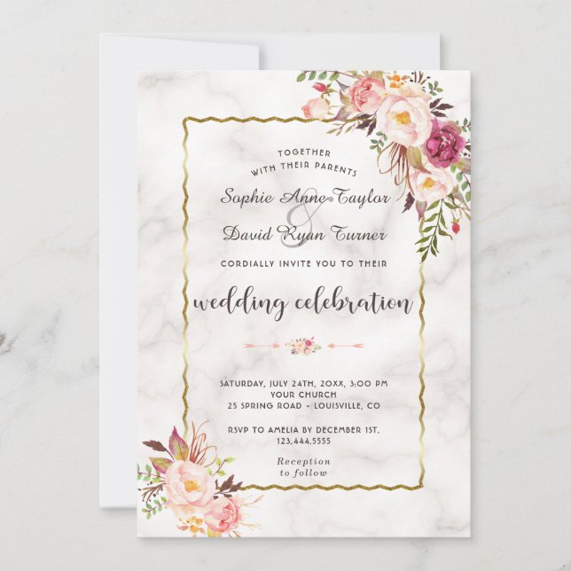 Invitation Mariage en marbre rose rose floral glamour (Devant)