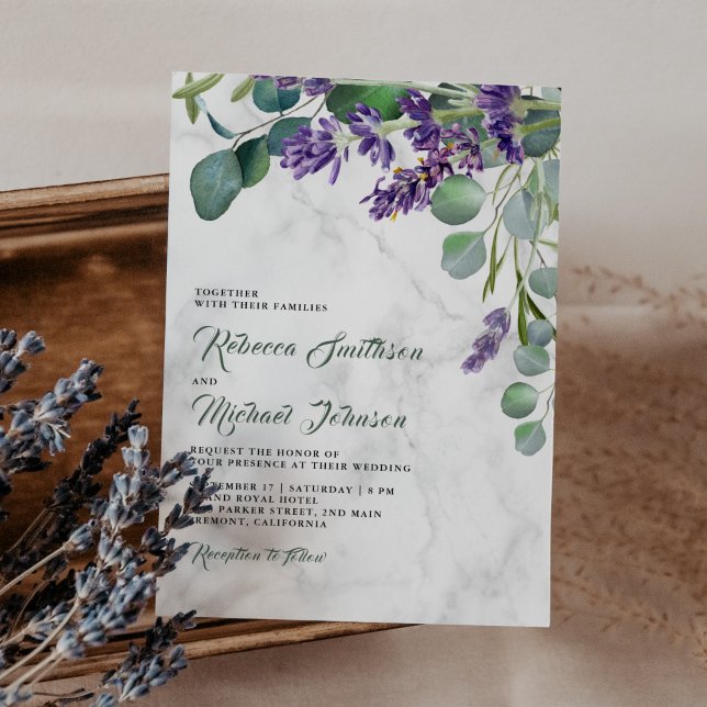 Invitation Mariage en marbre rustique lavande et eucalyptus (Créateur téléchargé)