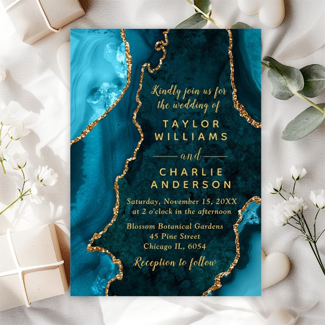 Invitation Mariage en marbre turquoise bleu et or Agate (Créateur téléchargé)