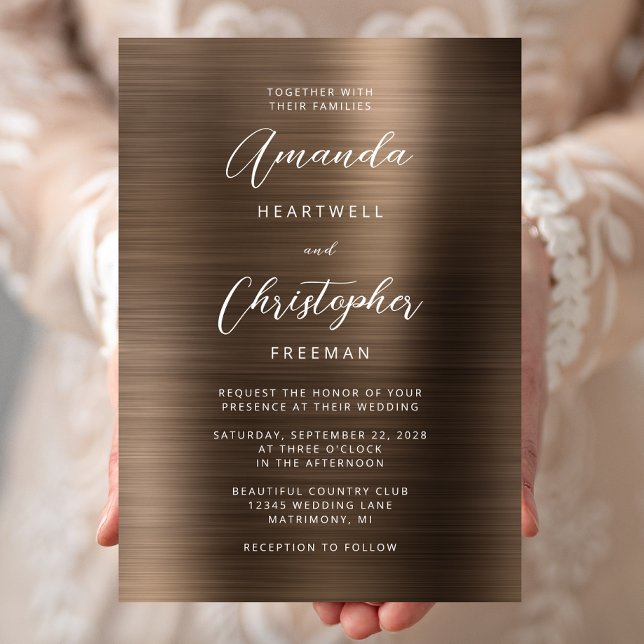 Invitation Mariage en métal brossé bronze écriture (Créateur téléchargé)
