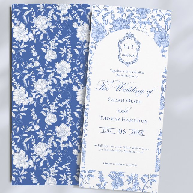 Invitation Mariage en Monogramme de Style Chinois Floral Bleu (Créateur téléchargé)