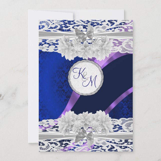 Invitation Mariage en monogramme en dentelle blanche bleu mar (Dos)