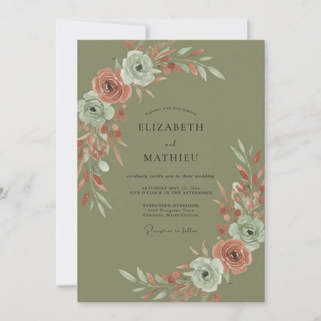 Invitation Mariage en olive terracotta ranunculus eucalyptus (Devant)
