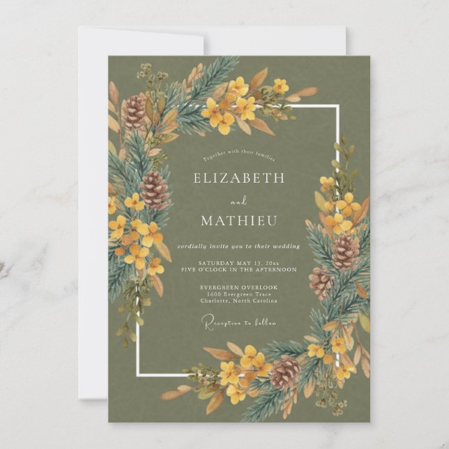 Invitation Mariage en oliveraie de pins cônières (Devant)