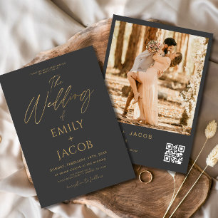 Invitation Mariage en or gris fusain QR Code Code Photo Scrip