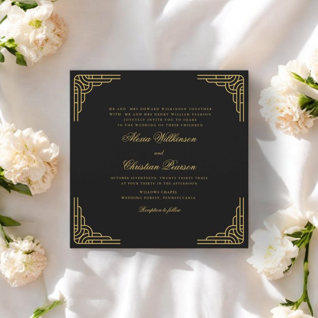 Invitation mariage en or noir (MODERN GOLD AND BLACK SCRIPT WEDDING INVITATION , TIE THE KNOT IN STYLE )