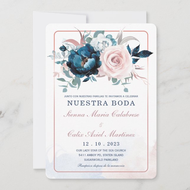 Invitation Mariage en or rose et bleu marine (Devant)
