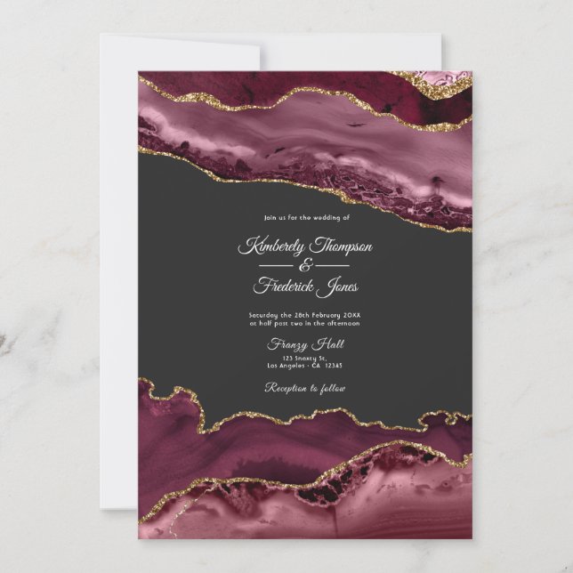 Invitation Mariage en pierre d'agate Burgundy et Or (Devant)