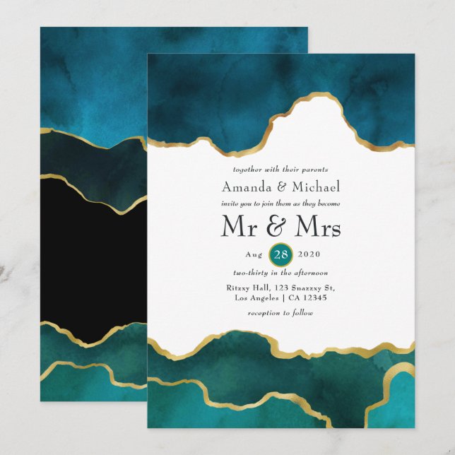 Invitation Mariage en pierre d'agate de géode sarcelle et or (Devant / Derrière)