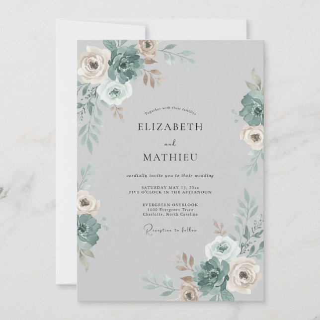 Invitation Mariage en Pivoine Champagne Acier (Devant)