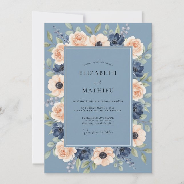Invitation Mariage en Ranunculus Eucalyptus Navy Acier (Devant)
