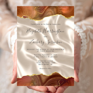 Invitation Mariage en Soie Ivoire Agate Or Orange Brûlé