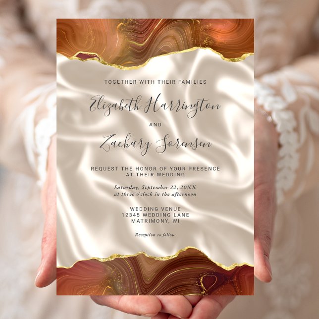 Invitation Mariage en Soie Ivoire Agate Or Orange Brûlé (Créateur téléchargé)