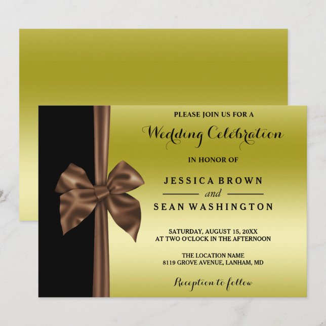 Invitation Mariage en Soie Romantique Or & Noir (Devant / Derrière)