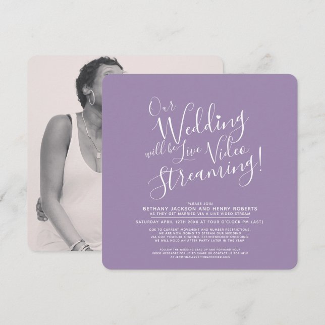 Invitation Mariage en streaming violet blanc (Devant / Derrière)