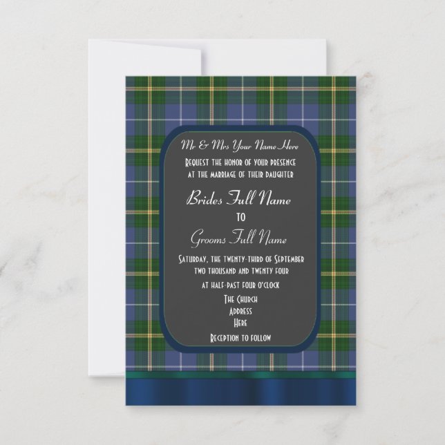 Invitation mariage en tartan bleu et vert (Devant)