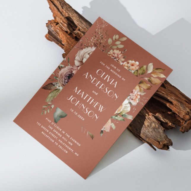 Invitation Mariage en Terracotta Chaud | QR Bohème Floral Élé (Créateur téléchargé)