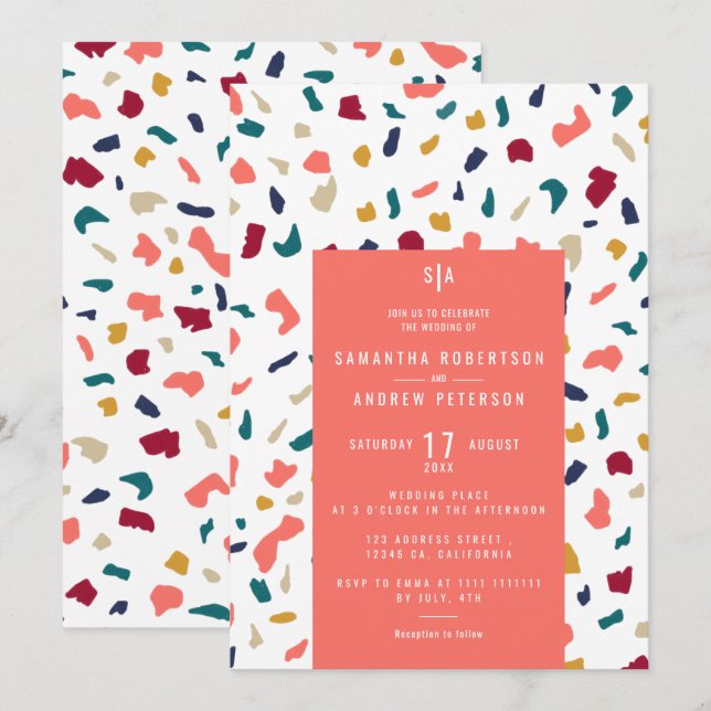 Invitation Mariage en terrazzo mosaïque de marbre corail bril (Devant / Derrière)