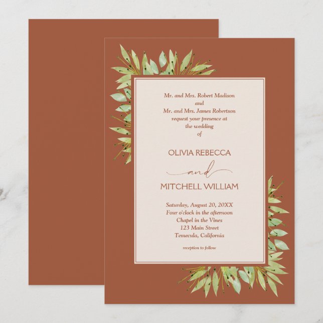 Invitation Mariage en terre cuite à feuillage botanique (Devant / Derrière)