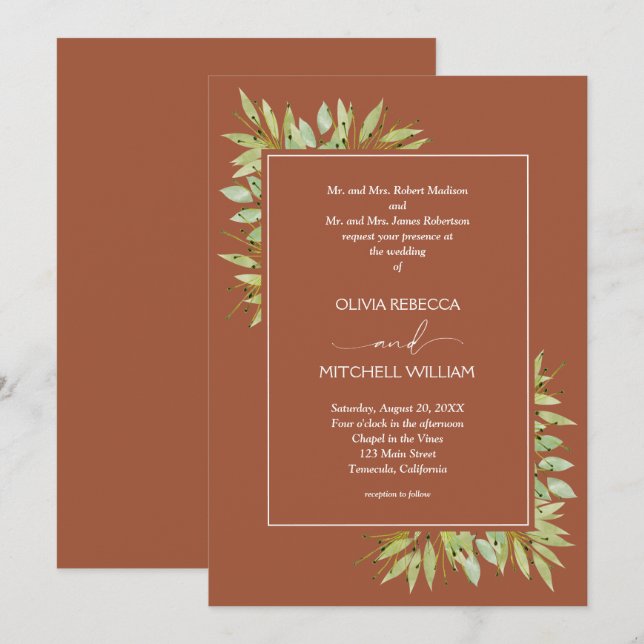 Invitation Mariage en terre cuite à feuillage botanique (Devant / Derrière)