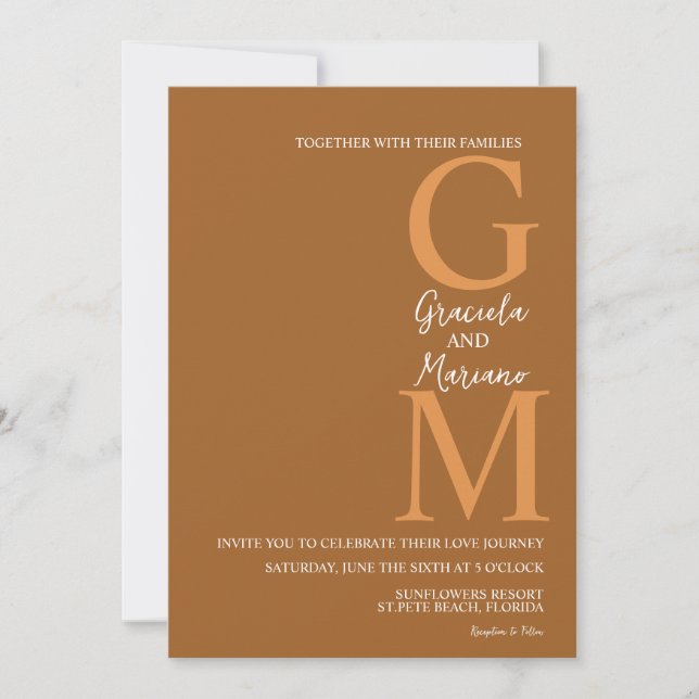 Invitation Mariage en terre cuite brune bohème avec monogramm (Devant)