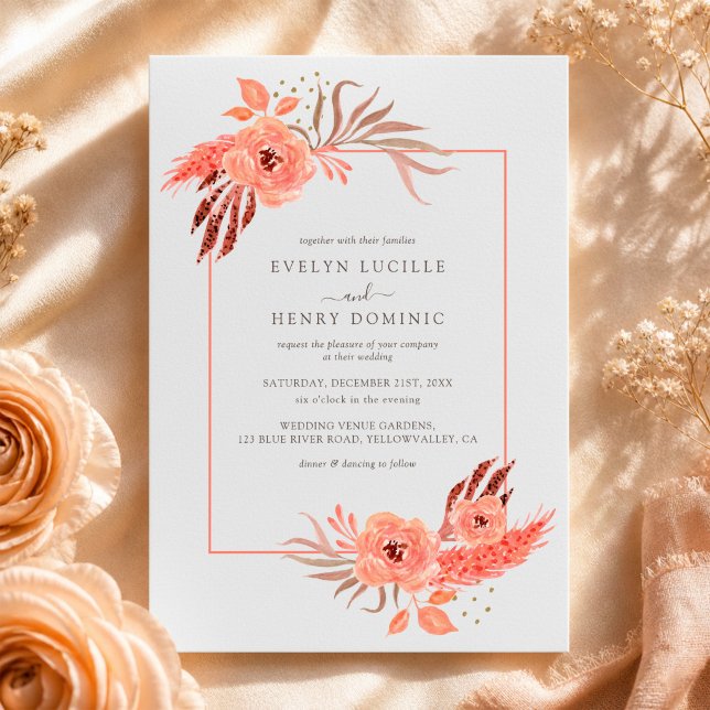 Invitation Mariage en Terre Cuite Florale Orange Corail Moder (Créateur téléchargé)