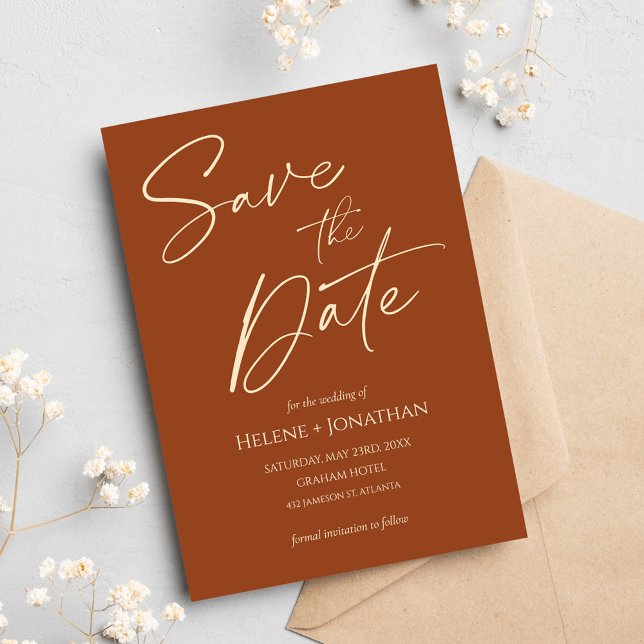 Invitation Mariage en terre cuite moderne Élégant Enregistrer (Modern Elegant Terracotta Wedding Save The Date Invitation)