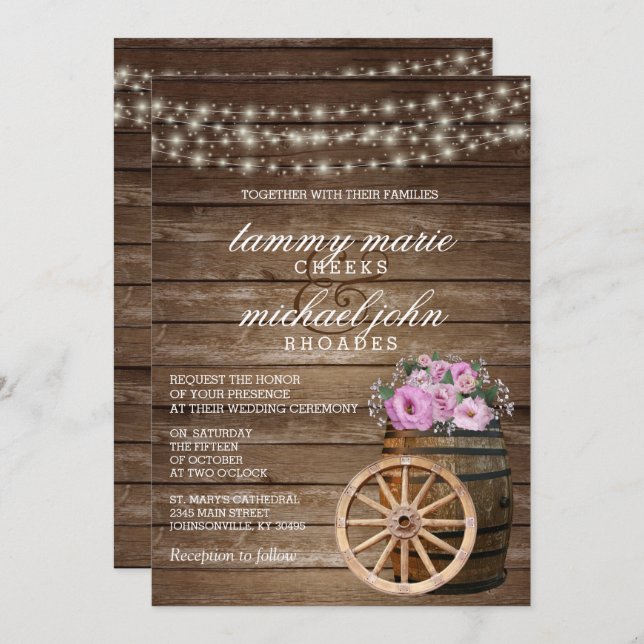Invitation Mariage en tonneau de bois rustique avec jolie flo (Devant / Derrière)